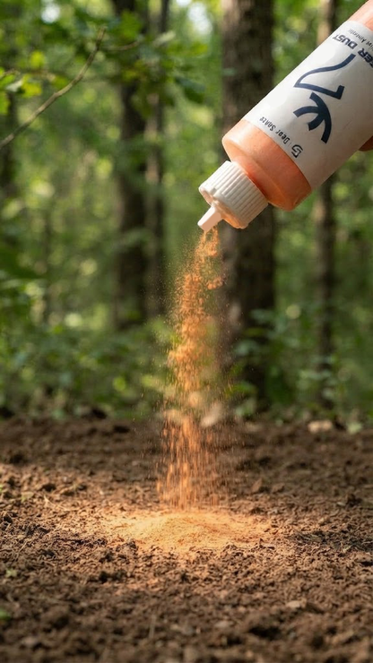 A squeeze bottle dispensing orange Deer Dust powder onto a mock scrape bare earth