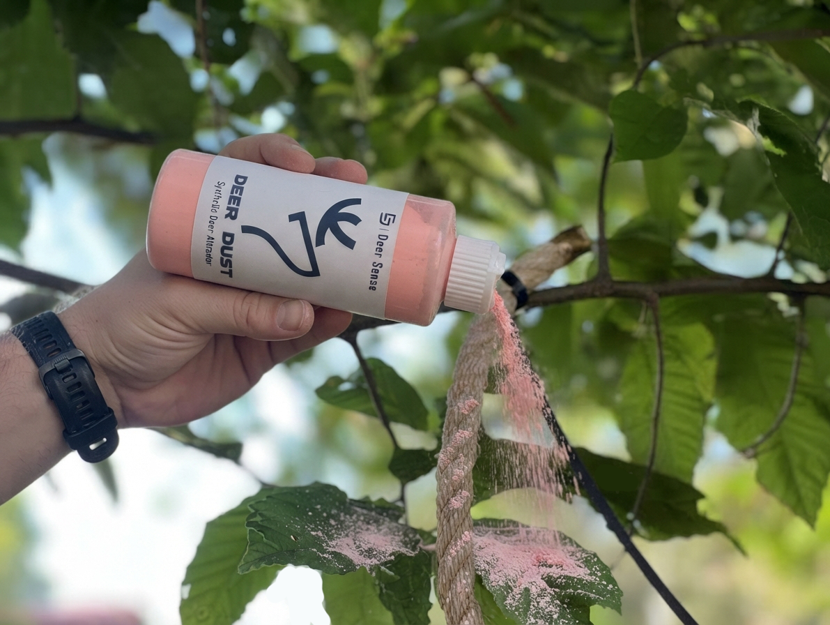 A hand holds a bottle of Deer Dust squirting orange powder onto a rope wrapped around a tree branch making a mock scrape